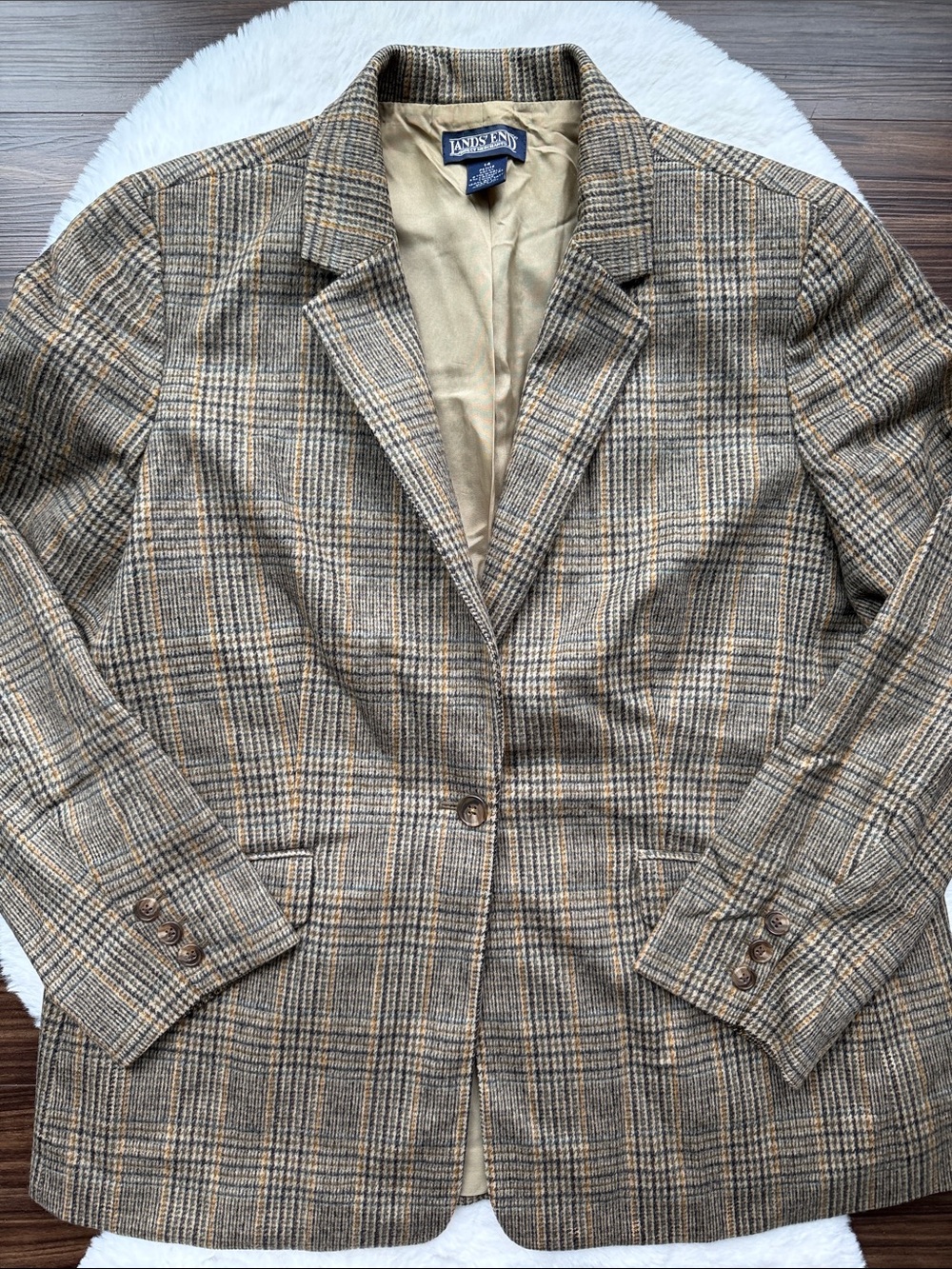 Vintage Lands End Wool/Cashmere Plaid Brown Blazer size 14 Petite